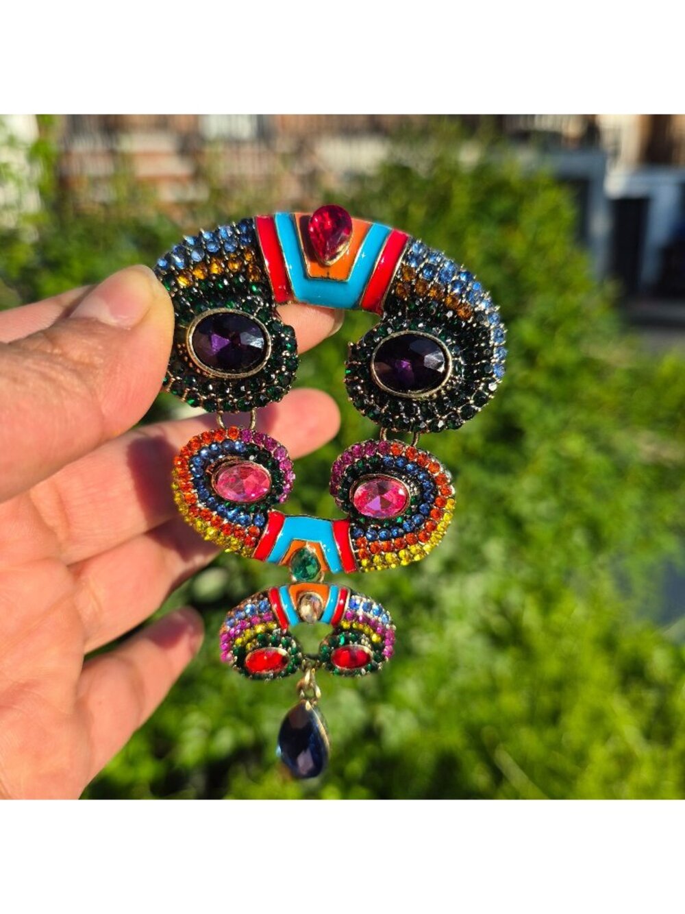 Vintage Vibes Colorful Rhinestone Enamel Brooch Pin Multi Color Crystal 3.5in